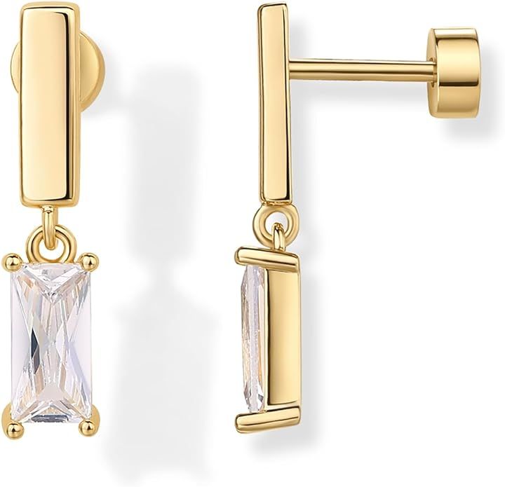 PAVOI 14K Gold Plated 925 Sterling Silver Post Dangle Baguette CZ Flat Back Earrings for Women | ... | Amazon (US)