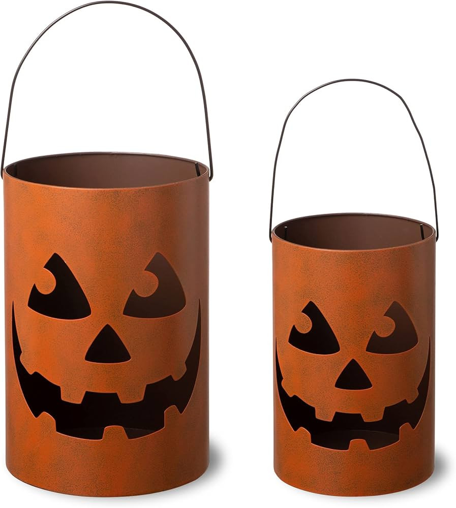 Glitzhome Halloween Cutout Pumpkin Lantern Candle Holder Bucket Thanksgiving Metal Standing or Ha... | Amazon (US)