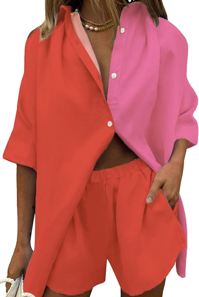 Meenew Women's 2 Piece Outfits Button Down Short Sleeve Shirts and Shorts Set Summer Sweatsuits L... | Amazon (US)