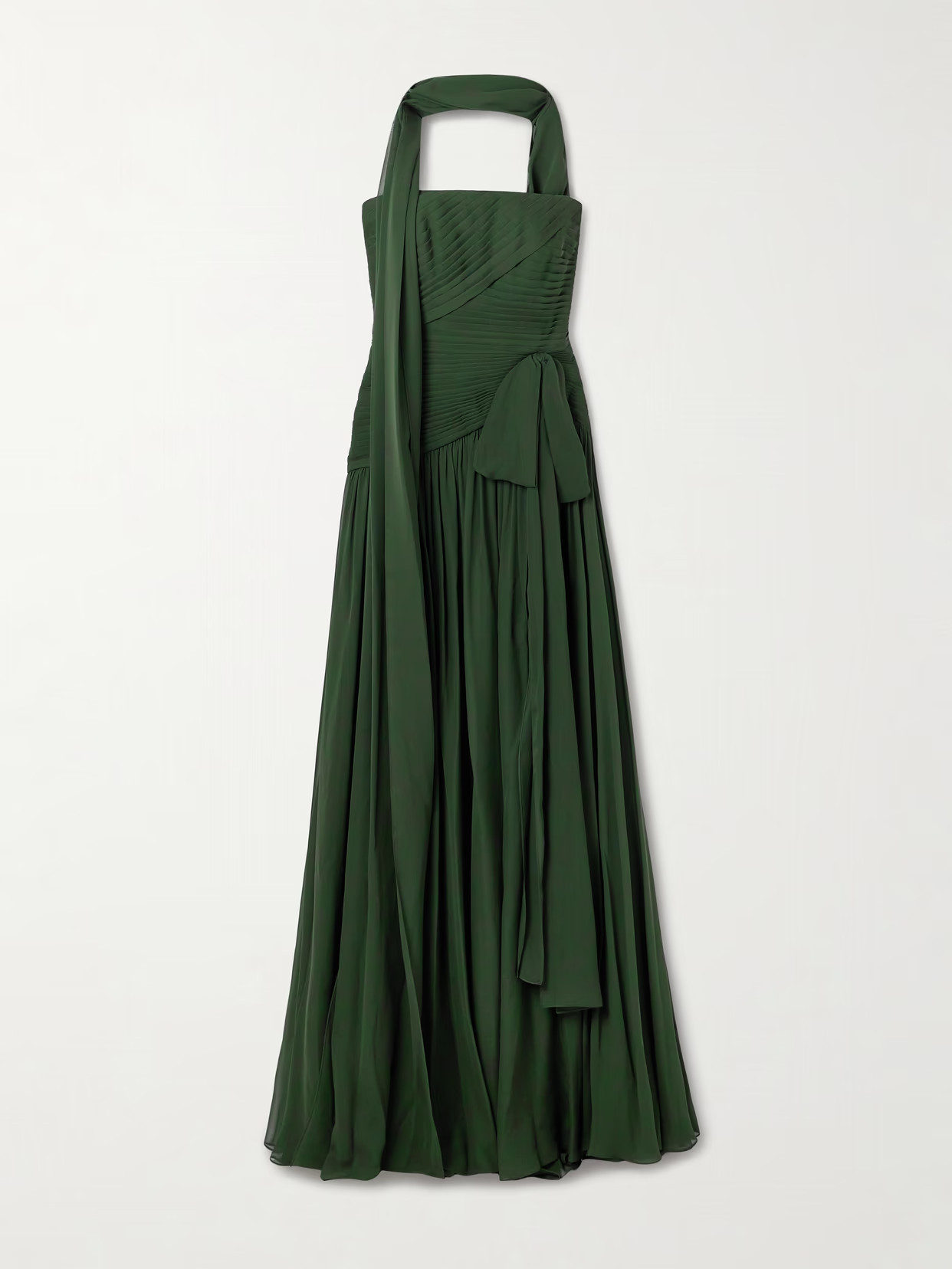 Elie Saab - Scarf-detailed Pintucked Silk Crepe De Chine Gown - Forest green | NET-A-PORTER (UK & EU)