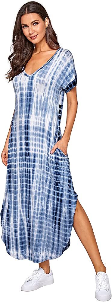 MakeMeChic Women's Boho Maxi Short Sleeve Split Pockets Tie Dye Long Dress | Amazon (US)