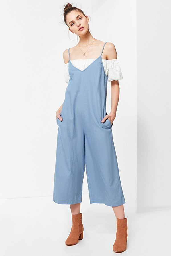 UO Shapeless Linen V-Neck Jumpsuit - Blue XS at Urban Outfitters | Urban Outfitters (US and RoW)