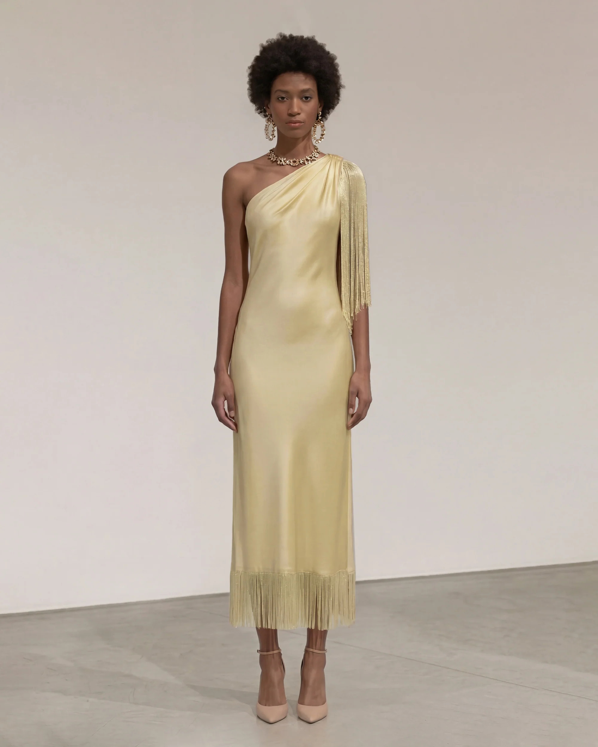 One Shoulder Fringe Midi Dress - Champagne | JW PEI US