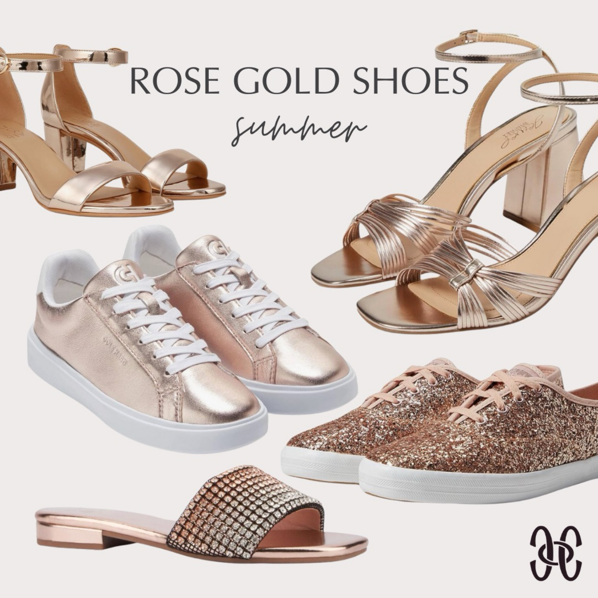 Rose gold shoes for #hocsummer. Rose gold sandals, metallic sneakers, rose gold heels  
