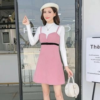 Set: Mock Neck Long-Sleeve Knit Top + Mini Corduroy Pinafore Dress | YesStyle Global