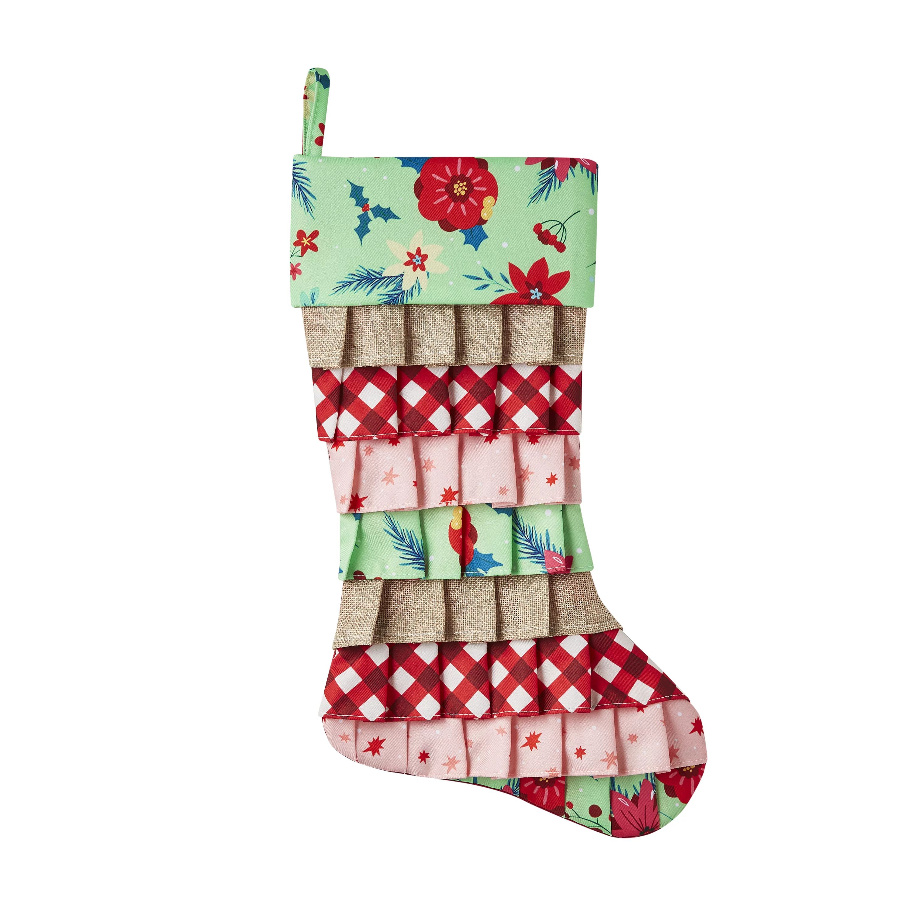 The Pioneer Woman Green Retro Holiday Floral Ruffle Polyester Christmas Stocking, 20" | Walmart (US)