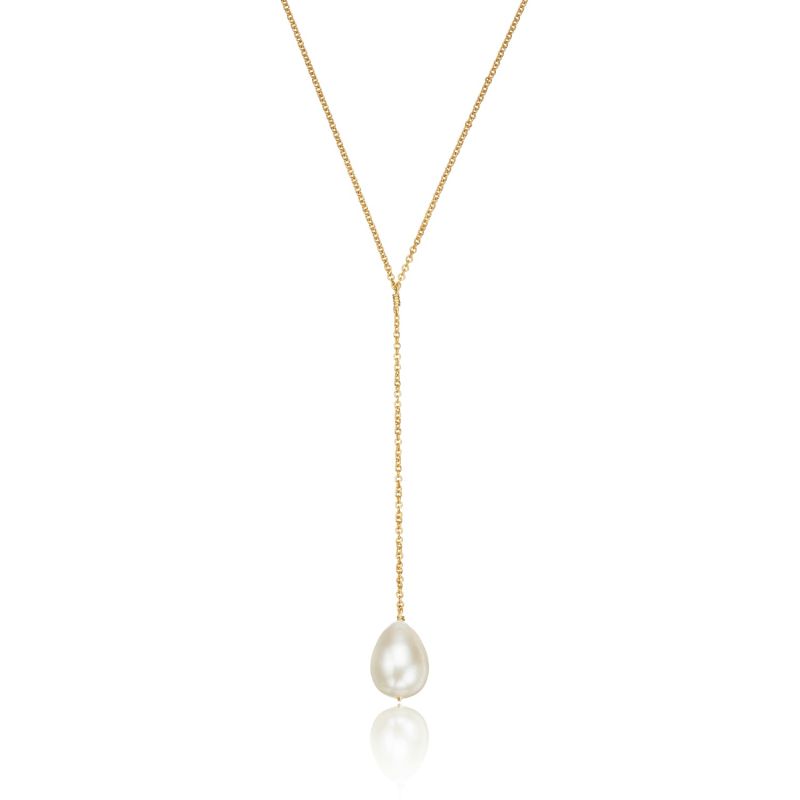 Gold Large Pearl Drop Lariat Necklace | Wolf & Badger (US)