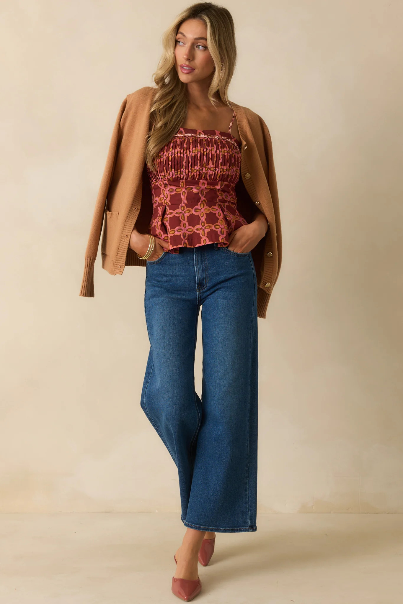 The Bottom Line Pink Multi Geometric Print Cotton Peplum Top | Red Dress