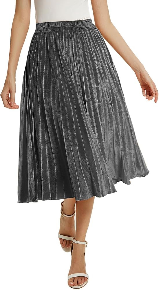 Women's High Elastic Waist Velvet A Line Pleated Swing Midi Skirt | Amazon (US)