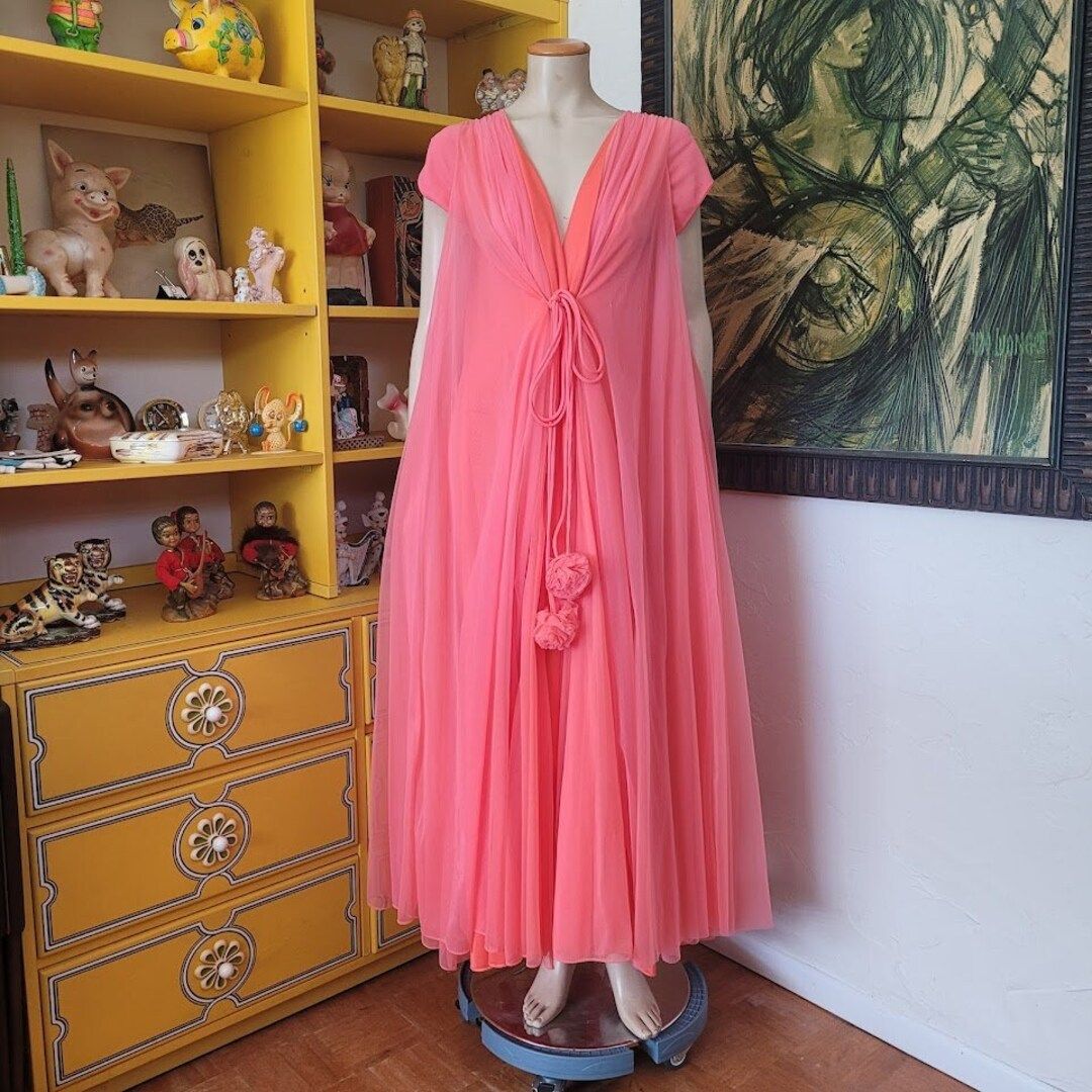 Vintage Claire Sandra Lucie Ann Pink Orange Pom Pom Chiffon Boudoir Lounge Robe S/M | Etsy (US)