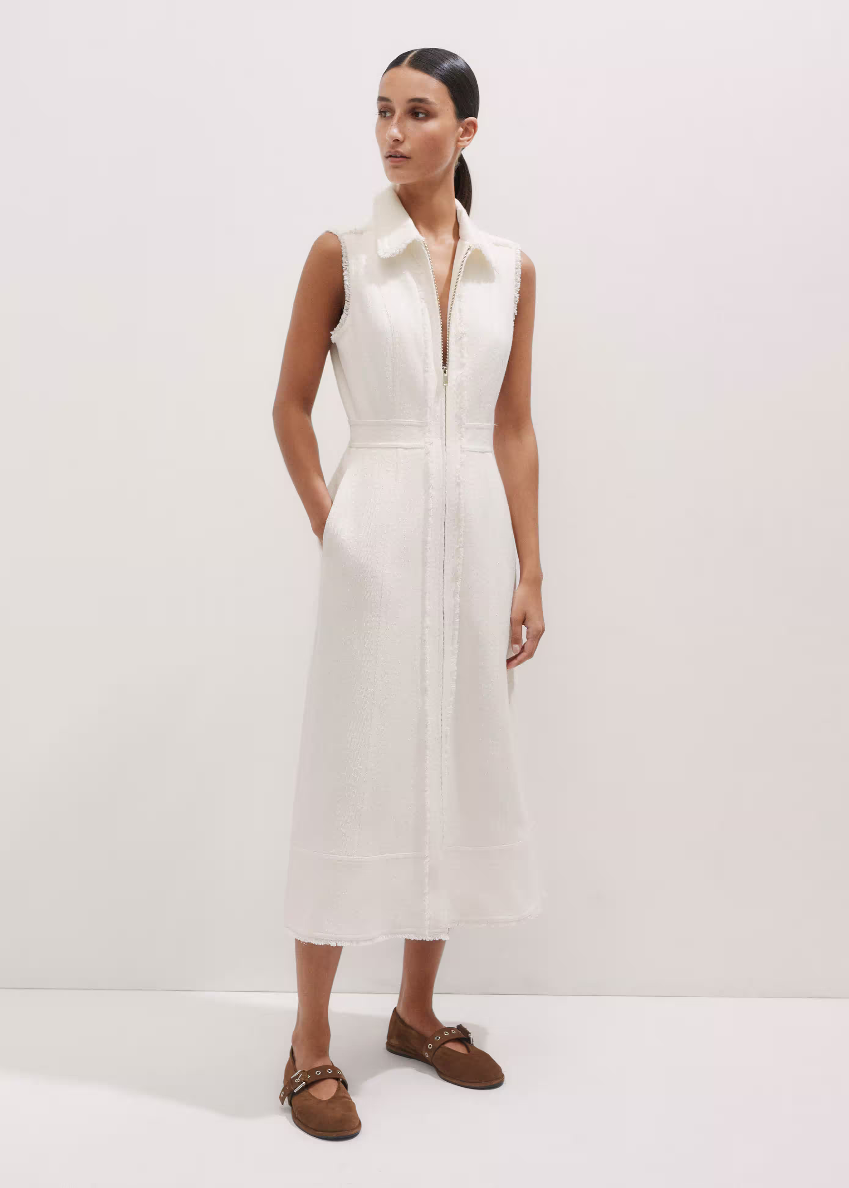 Women's Cream Tweed Zip Front Midi Dress | ME+EM | ME+EM Global (Excluding US)
