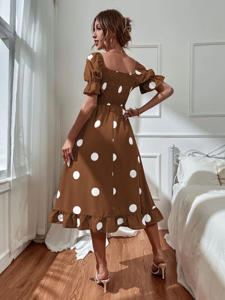 SHEIN Frenchy Polka Dot Print Puff Sleeve Shirred Ruffle Hem Dress | SHEIN