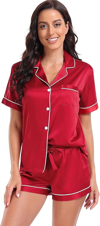 Women's Satin Pajama Set 2-Piece Sleepwear Loungewear Button Down Short Sleeve Silky PJ Set | Amazon (US)