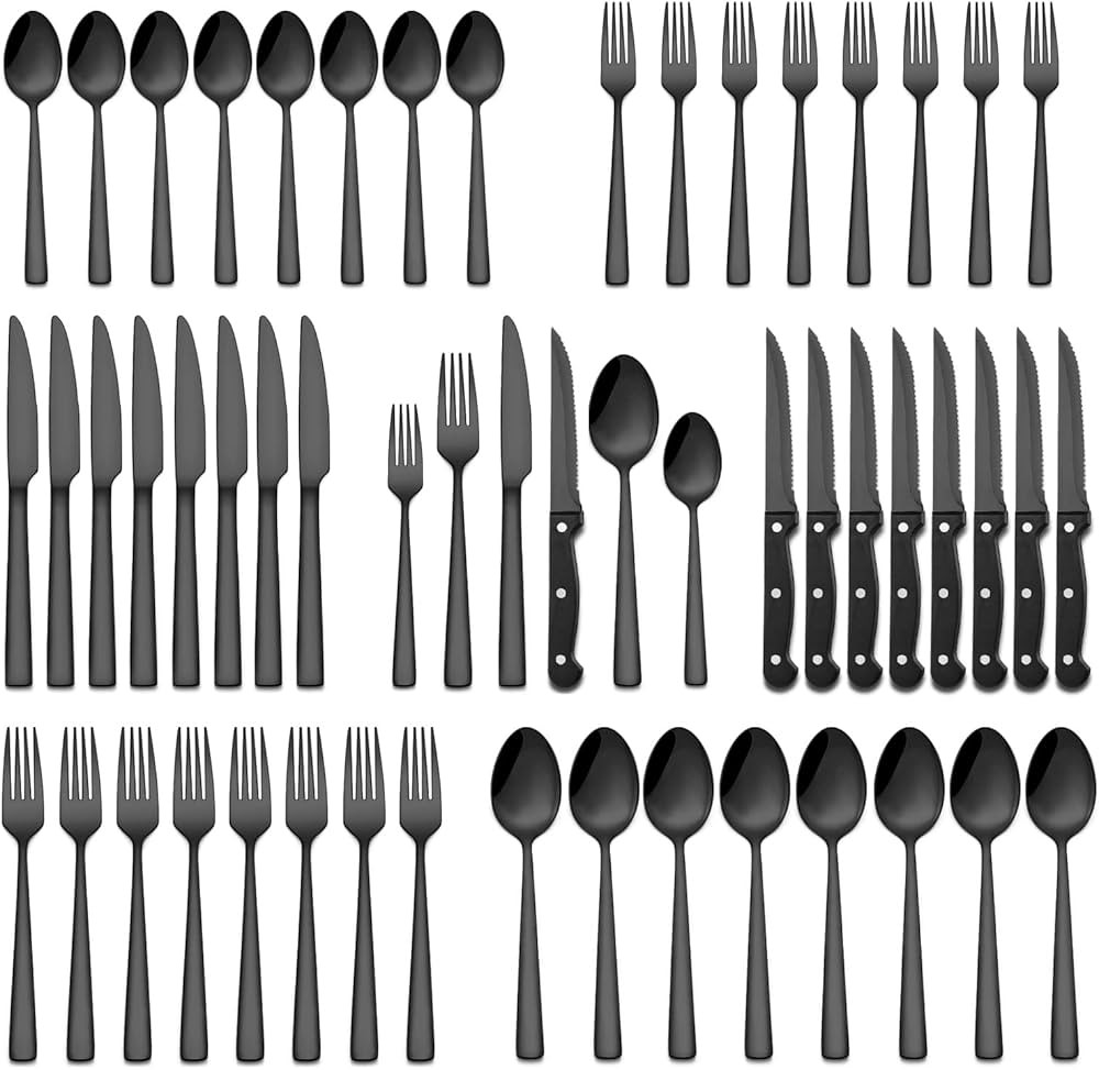 Yoehka Lot de 48 couverts noirs avec couteaux à steak pour 8 personnes en acier inoxydable poli ... | Amazon (CA)