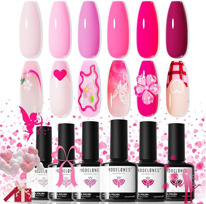 modelones Pink Gel Nail Polish Set- 6 Colors 2026 Valentine's Day Pastel Hot Pink Tones Neon Pink... | Amazon (US)