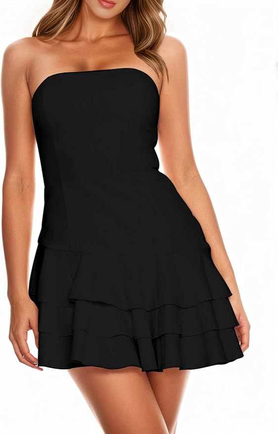 Womens Summer Sexy Strapless Tube Dress Flowy Ruffle Layer Mini Dress Off Shoulder Backless Tiere... | Amazon (US)
