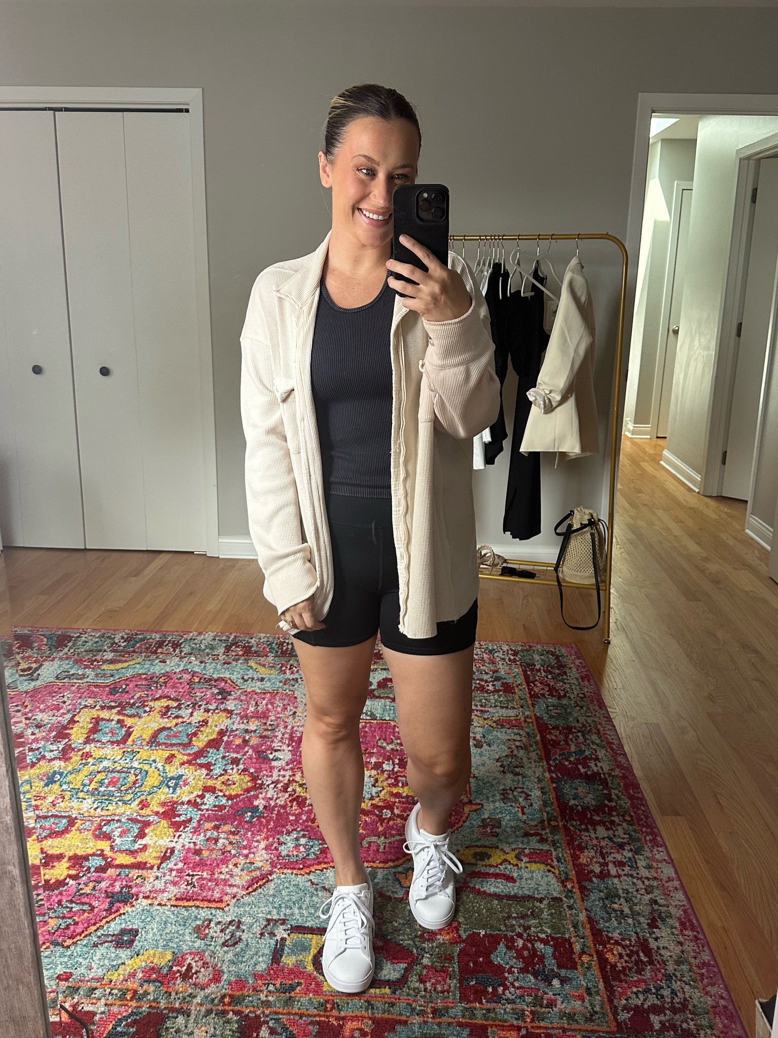 Casual outfit idea from amazon / bike shorts, cropped top, oversized button down and white sneakers #amazonfashion #casualoutfits 

#LTKunder50 #LTKshoecrush #LTKsalealert