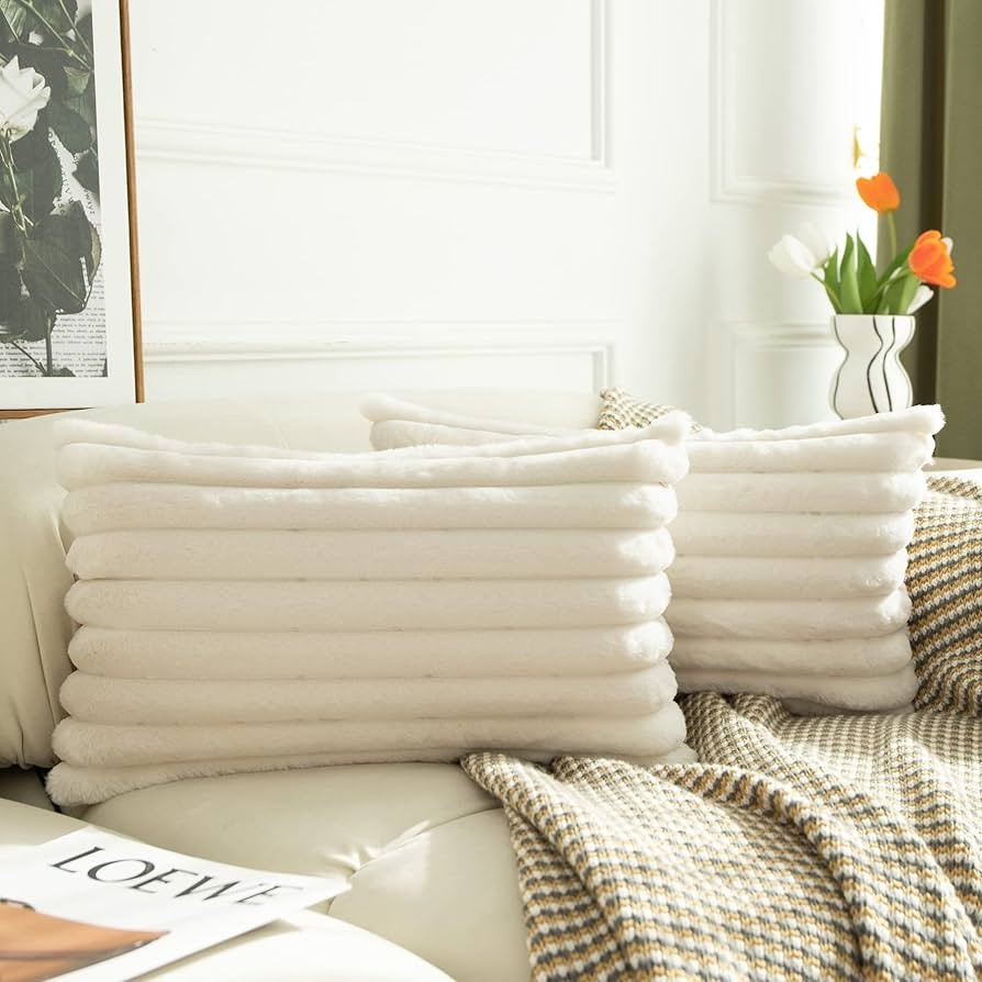 LIGICKY White Fluffy Decorative Lumbar Pillow Covers 12x20 Inch Double-Sided Striped Fuzzy Faux Fur  | Amazon (US)