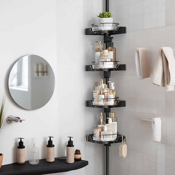 360° Rotating Corner Shower Caddy Tension Pole Organizer - 4-Tier Adjustable Rustproof Metal Pol... | Amazon (US)