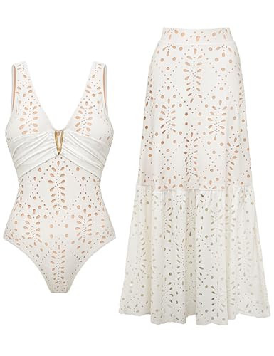 FLAXMAKER Solid One Piece V Neck Laser Cutting Flower Swimsuit and Skirt (US, Alpha, Medium, Regular, Regular, White Swimsuit and Skirt) | Amazon (US)