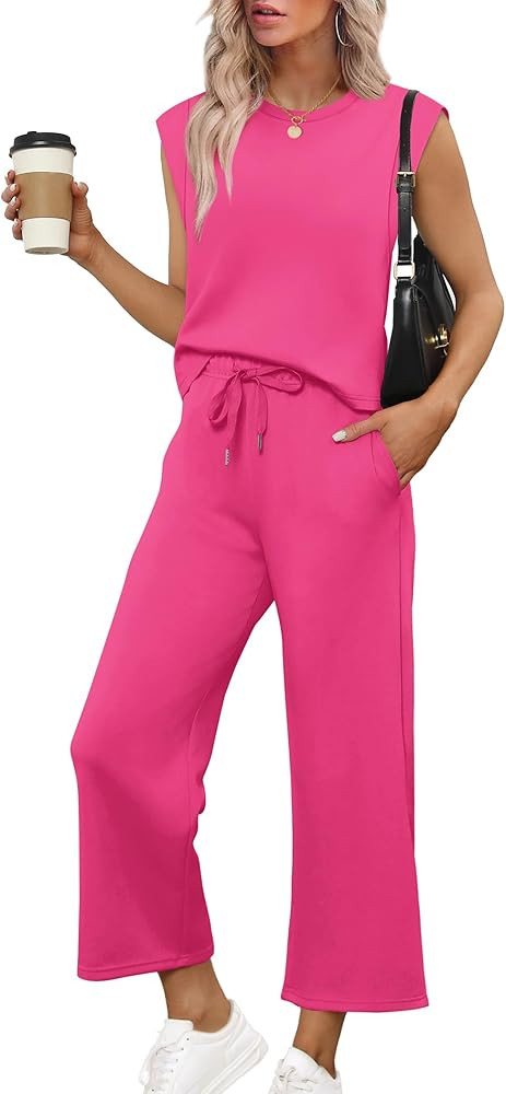 SAMPEEL Two Piece Sets for Women Casual Travel Vacation Outfits Summer Wide Leg Crop Pants Lounge... | Amazon (US)