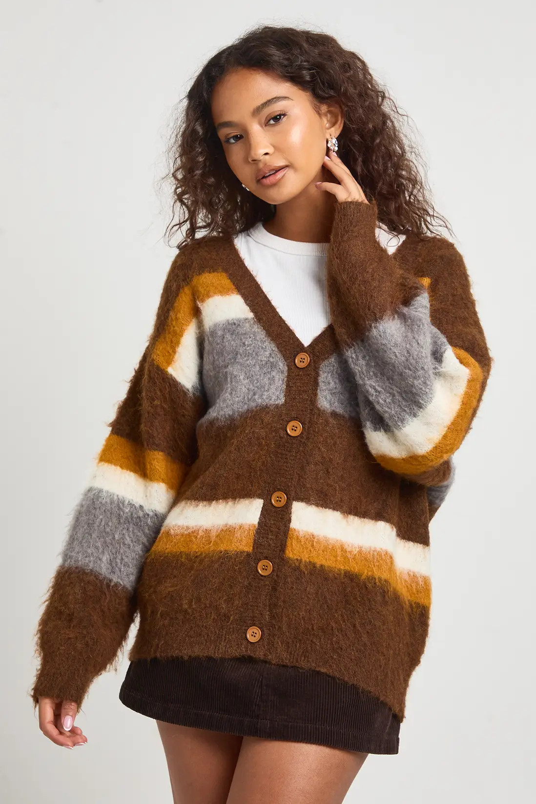 Multi boohoo Brushed Knit Chunky Oversized Boyfriend Cardigan | PrettyLittleThing USA | PrettyLittleThing US