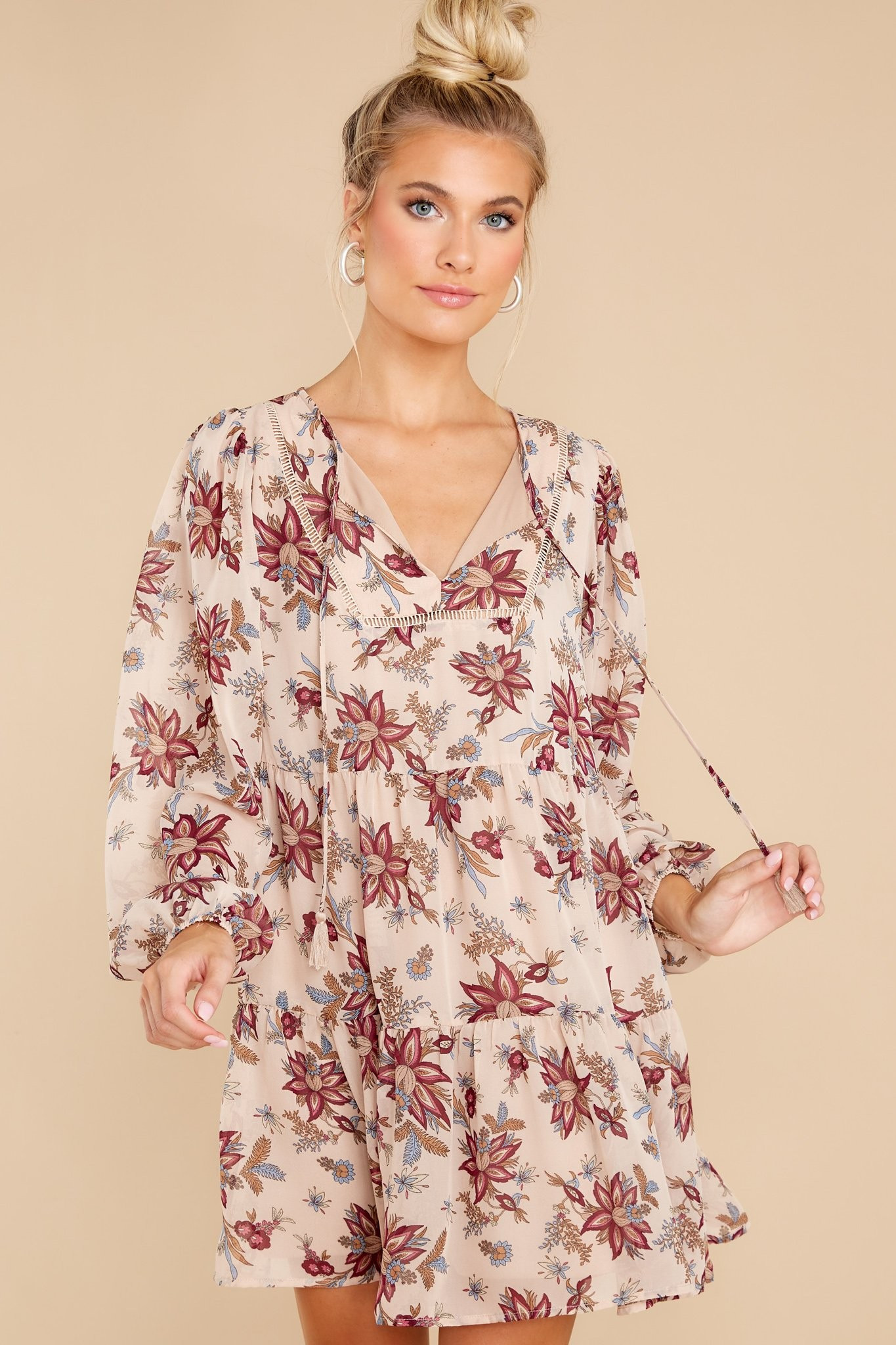 Acadian Adventures Natural Floral Print Dress | Red Dress 
