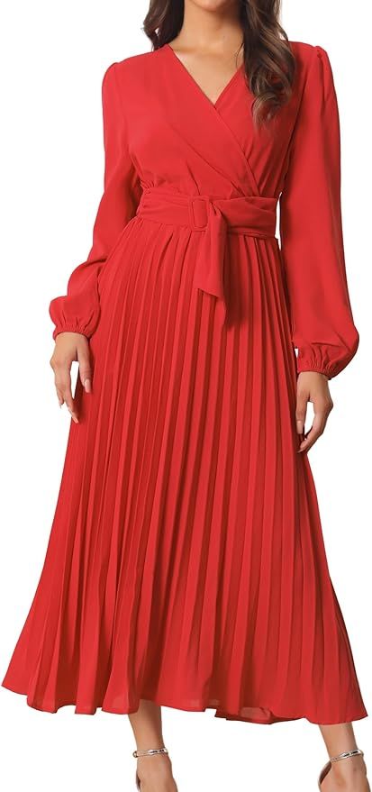 Seta T Women's 2023 Casual Long Lantern Sleeve Wrap V Neck Flowy Ruffle Pleated Midi Dress with B... | Amazon (US)