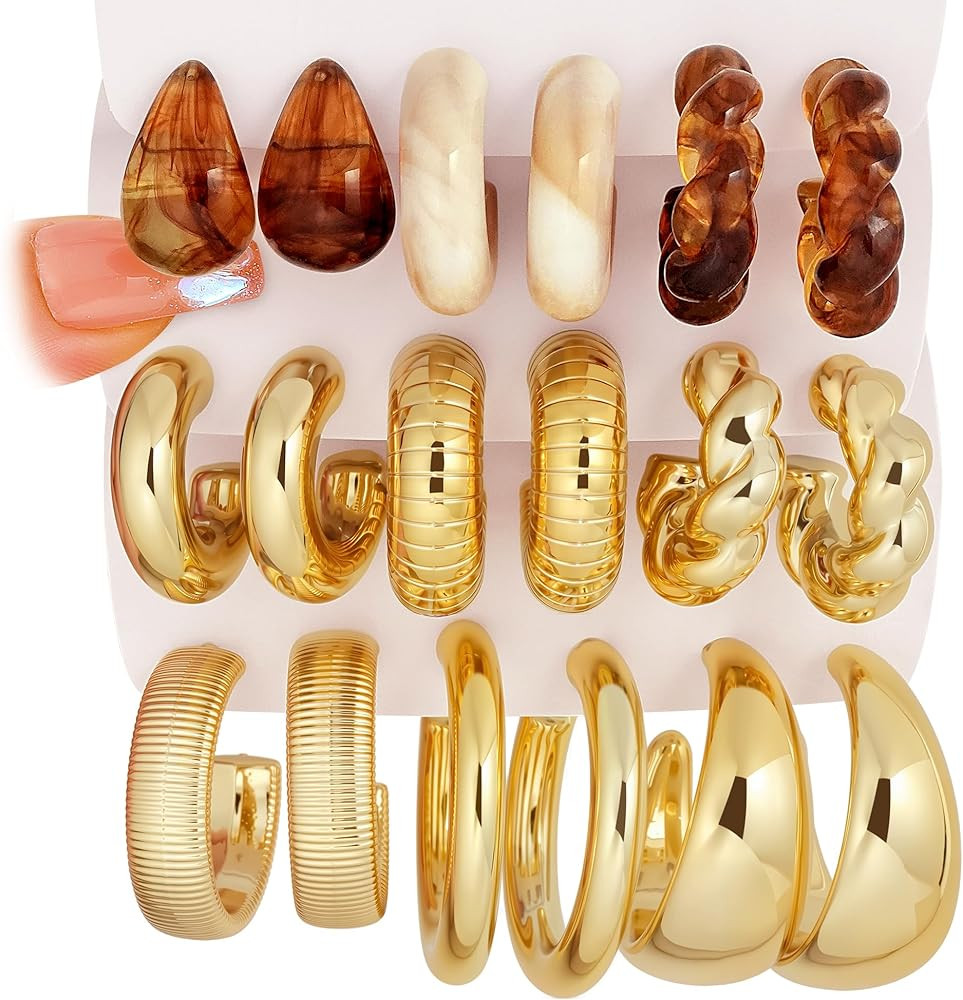 Chunky Gold Hoop Earrings for Women: 9 Pairs 14k Gold-Plated Resin Hoop Earrings, Thick Open Twis... | Amazon (US)