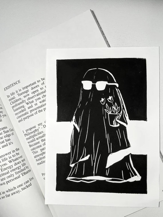 Cool Ghost With a Plant  Soft Lino Block Print - Etsy Canada | Etsy (CAD)