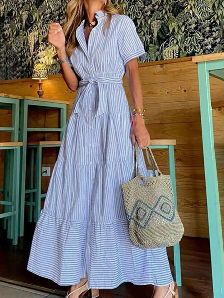 SHEIN Frenchy Women Summer Short Sleeve Casual Shirt Dress With Single Breasted Button And Stripe... | SHEIN