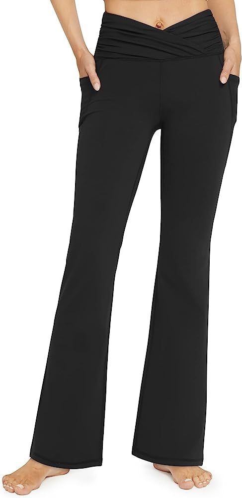G4Free Womens Crossover Flare Leggings High Waisted Casual Yoga Pants with Pockets | Amazon (US)