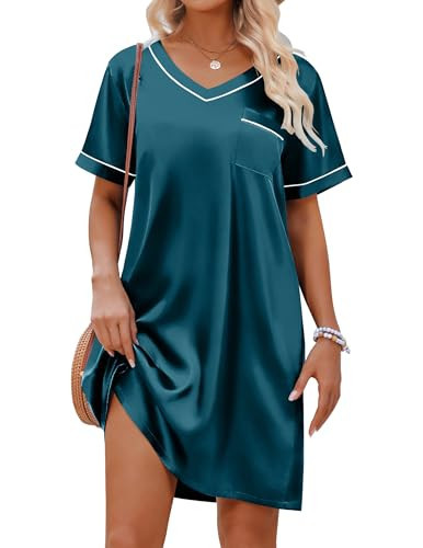 Ekouaer Womens Sleepwear Satin Short Sleeve Nightgown Plus Size V Neck Nightshirt Short Sleeve Nighty Blue | Amazon (US)