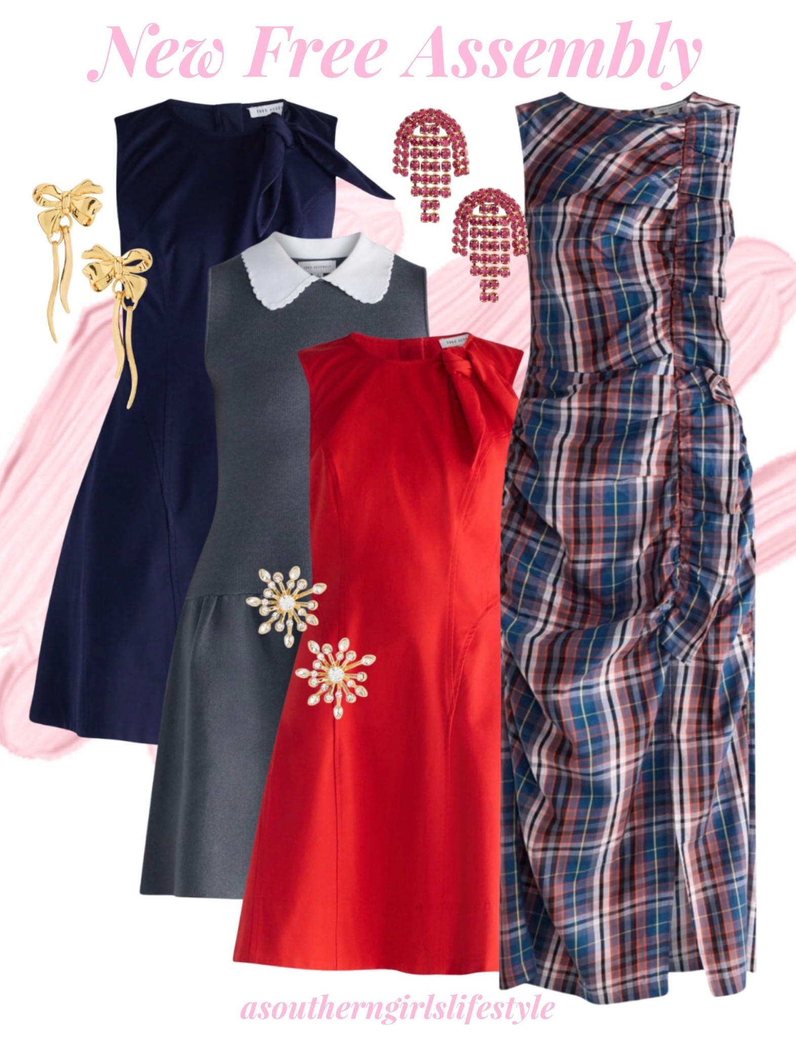 New Free Assembly Pretties! Pieces to wear now right through the holidays! 

Goldstone Bow Earrings, Navy Bow Neck Corset Mini Dress, Gray Sleeveless Ruffle Collar Mini Dress, Red Bow Neck Corset Mini Dress, Pink Crystal Drop Earrings, Crystal Sunburst Stud Earrings & Plaid Sleeveless Ruffle Front Midi Dress 

Walmart. Fall Outfits Women. Fall Dresses. Winter Style. Holiday Style