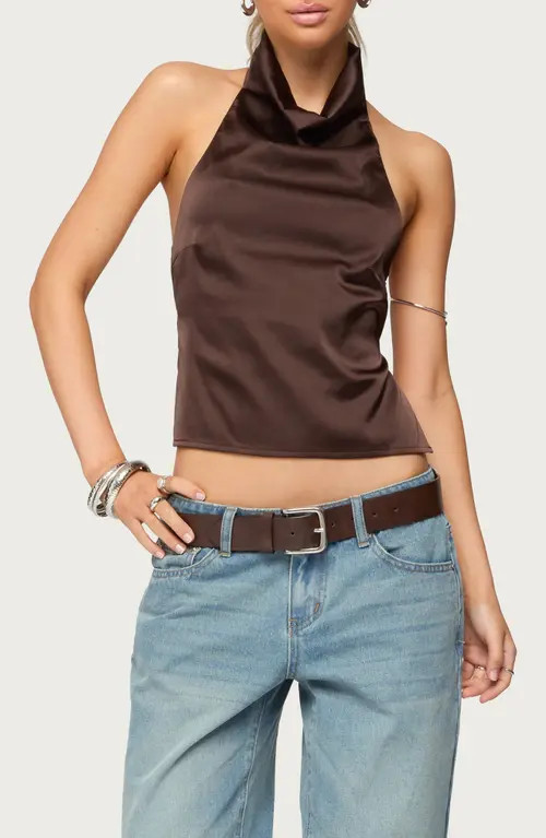 EDIKTED Cowl Neck Backless Satin Crop Top in Dark-Brown at Nordstrom, Size Small | Nordstrom