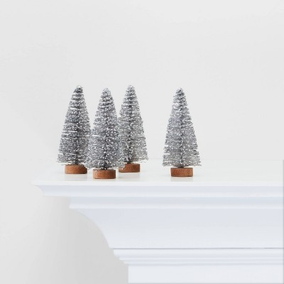 4pc Bottle Brush Trees Decorative Figurines Silver Glitter - Wondershop™ | Target