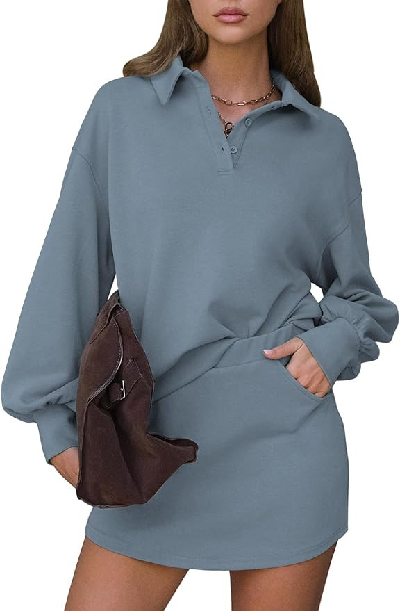 EXLURA Womens 2 Piece Sets Polo Sweatshirt Skort Set Airport Long Sleeve Matching Workout Sets Te... | Amazon (US)