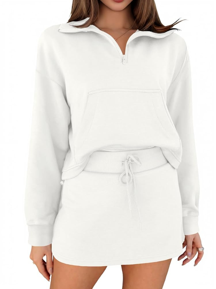 Fisoew Womens Sweatsuits 2 Piece Outfits Quarter Zip Cropped Sweatshirts Casual Mini Skorts Loung... | Amazon (US)