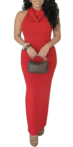 ENOPINK Women's Elegant Sleeveless Halter Neck Cocktail Wedding Party Maxi Dress Bodycon Evening Gown Red M | Amazon (US)