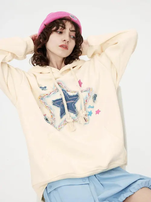 AELFRIC EDEN Denim Star Applique Hoodie in Apricot at Nordstrom, Size Large | Nordstrom