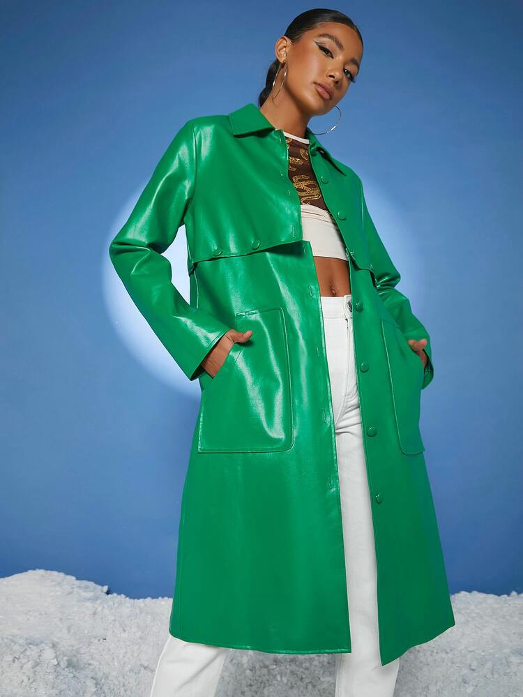 SHEIN Solid Slant Pocket Button Front Removable Coat | SHEIN