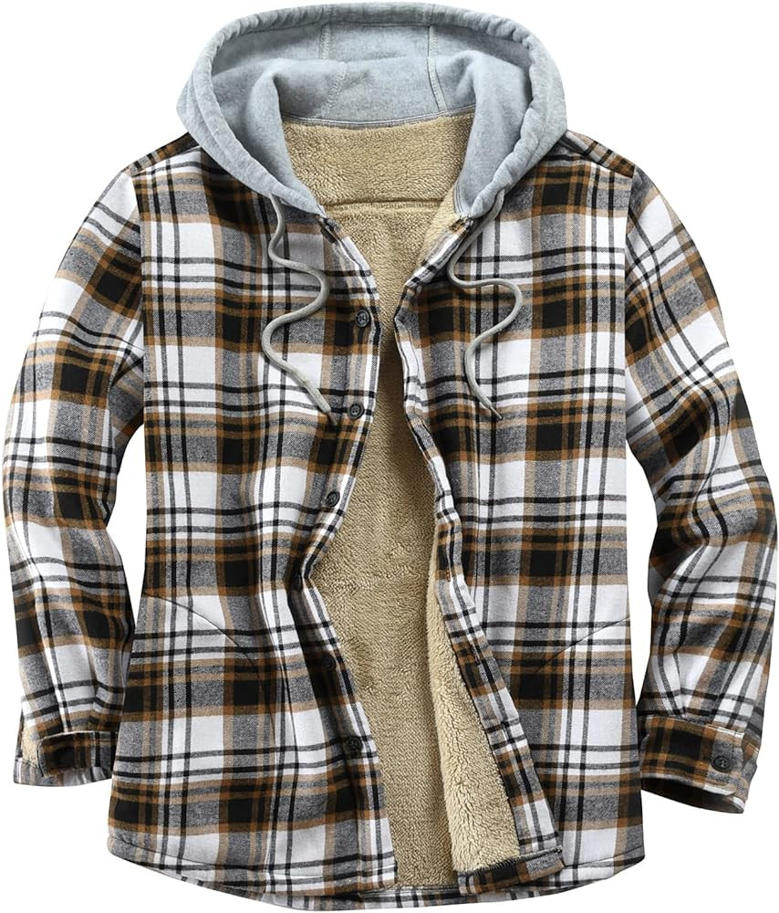 Men's Cotton Plaid Shirts Jacket Fleece Lined Flannel Shirts Sherpa Button Down Jackets with Hood... | Amazon (US)