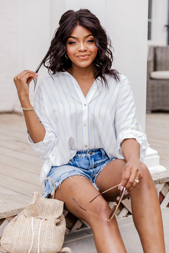 Make You Mine Blue Striped Short Sleeve Button Front Blouse FINAL SALE | Pink Lily