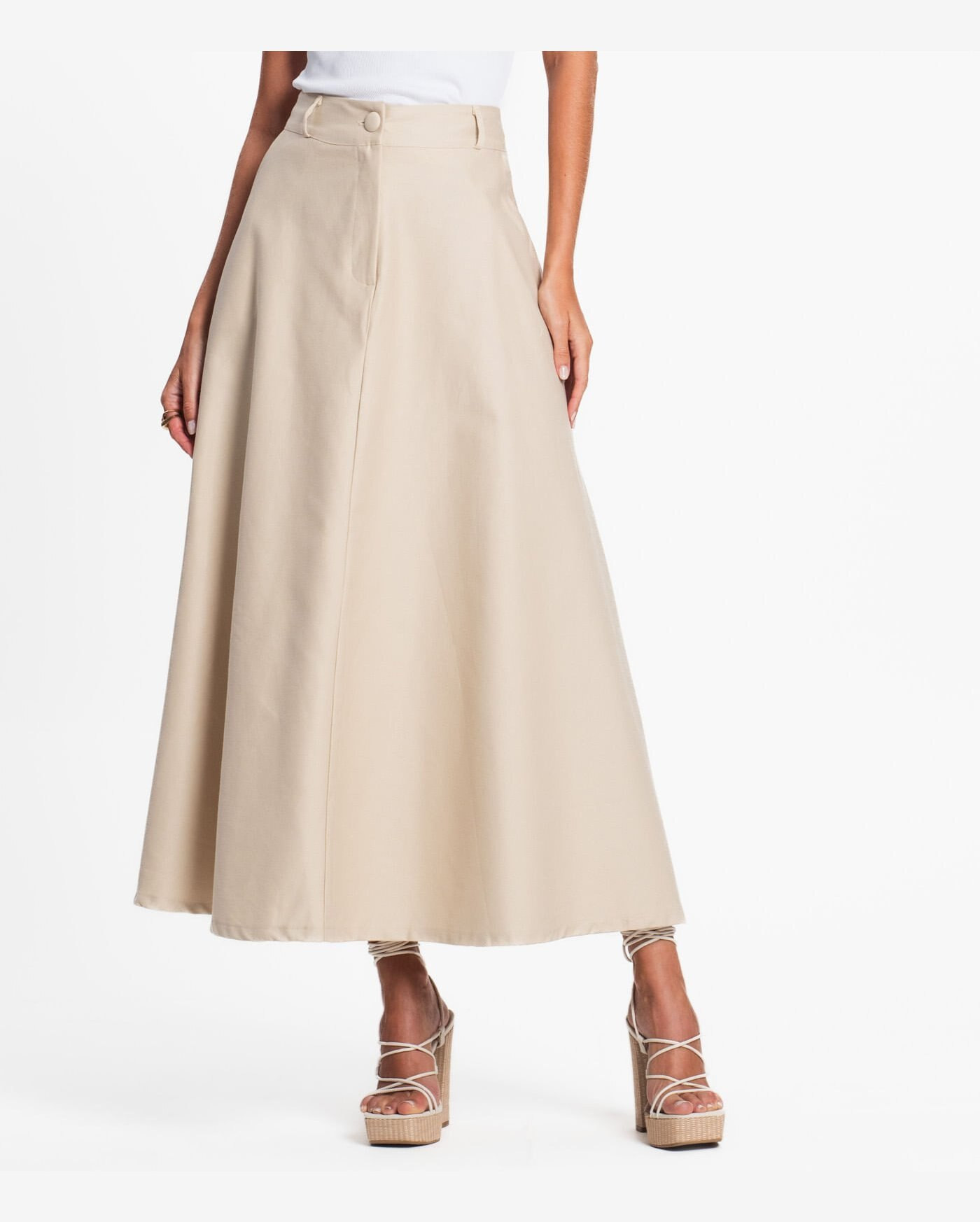 Saia Feminina Midi Godê Sarja Com Bolso Select Bege | Riachuelo (BR)