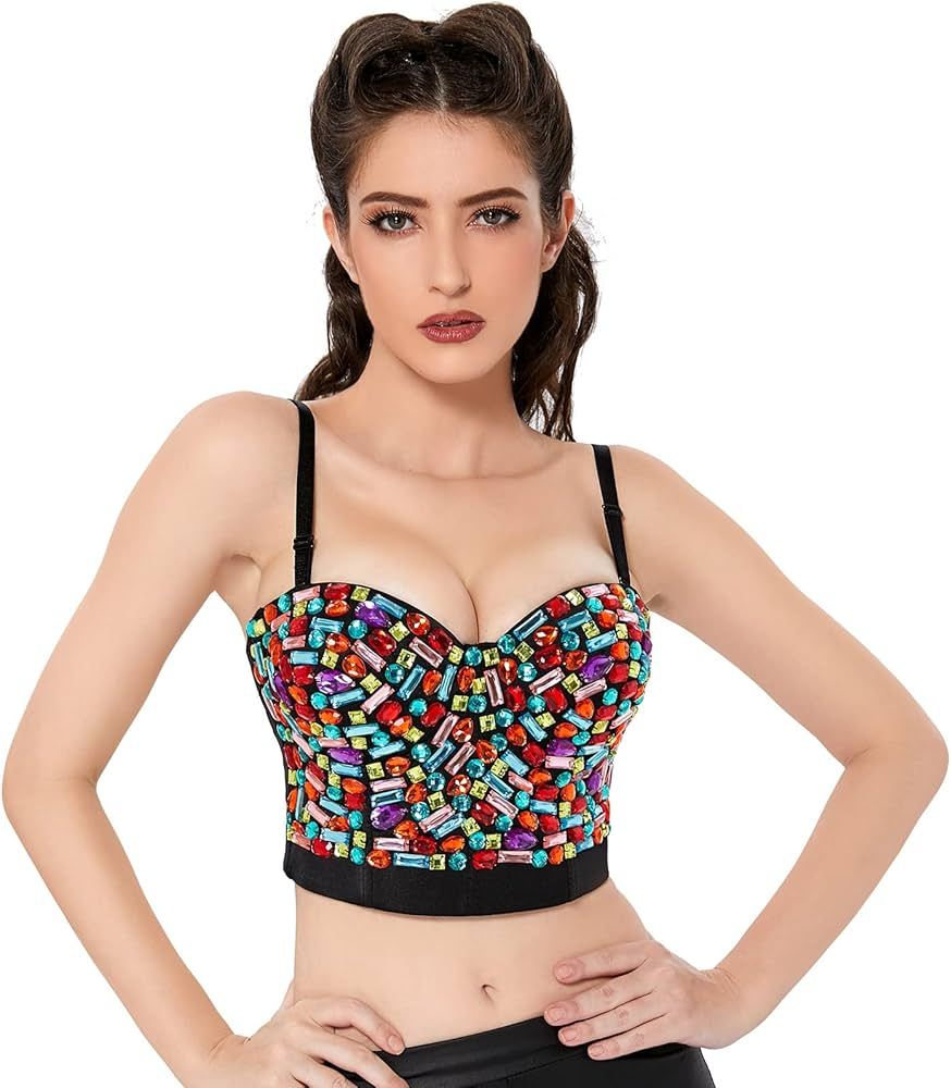 Charmian Women's Colorful Rhinestone Push Up Bra Clubwear Party Bustier Crop Top | Amazon (US)