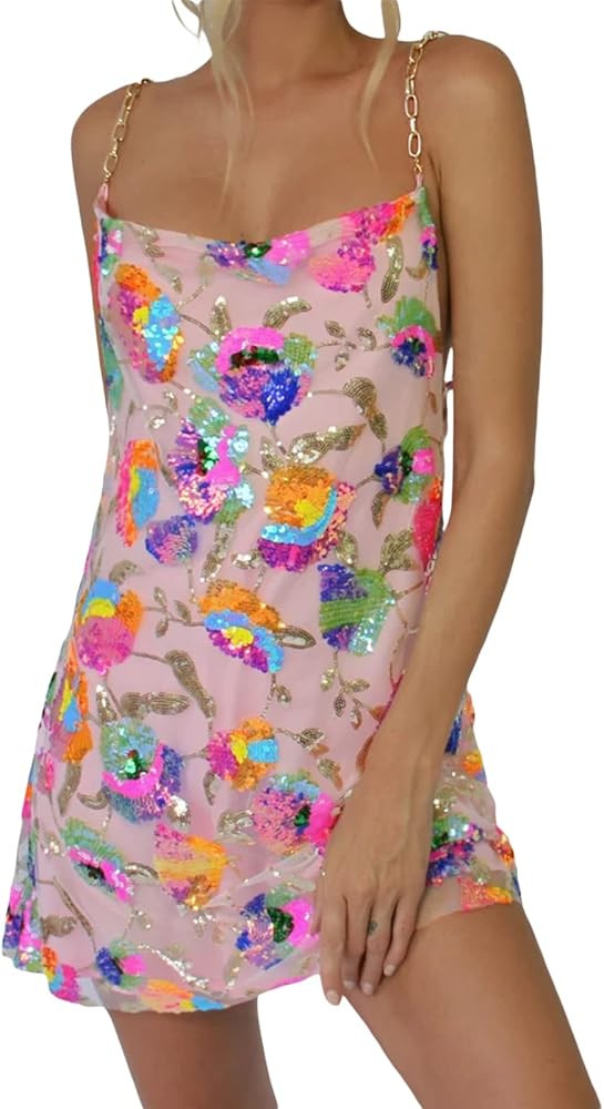 FULA-bao Women Girls Spaghetti Strap Sequin Dresses Low Cut Backless Sparkly Mini Dress Birthday Par | Amazon (US)