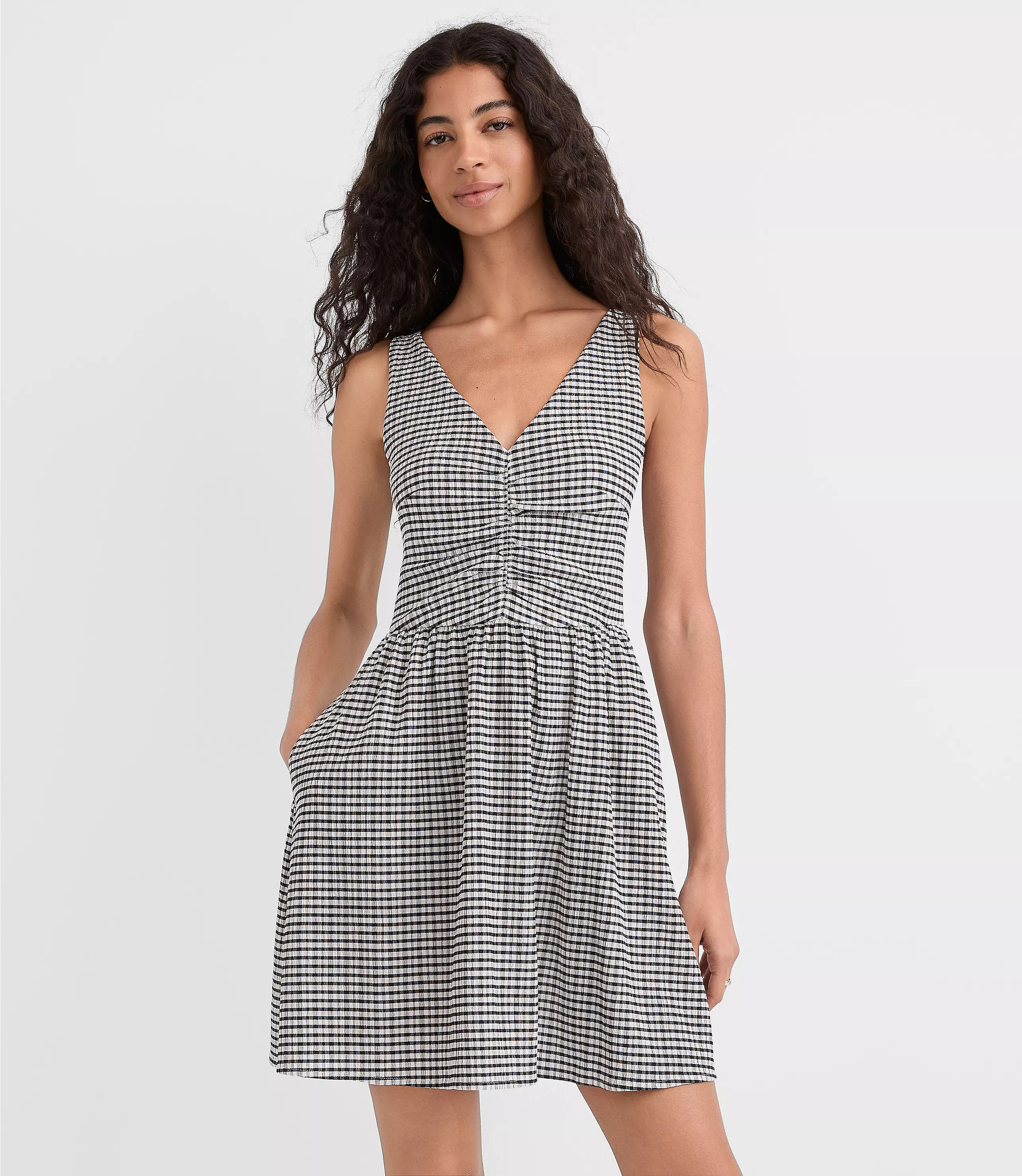 Gingham Ruched Mini Pocket Dress | LOFT
