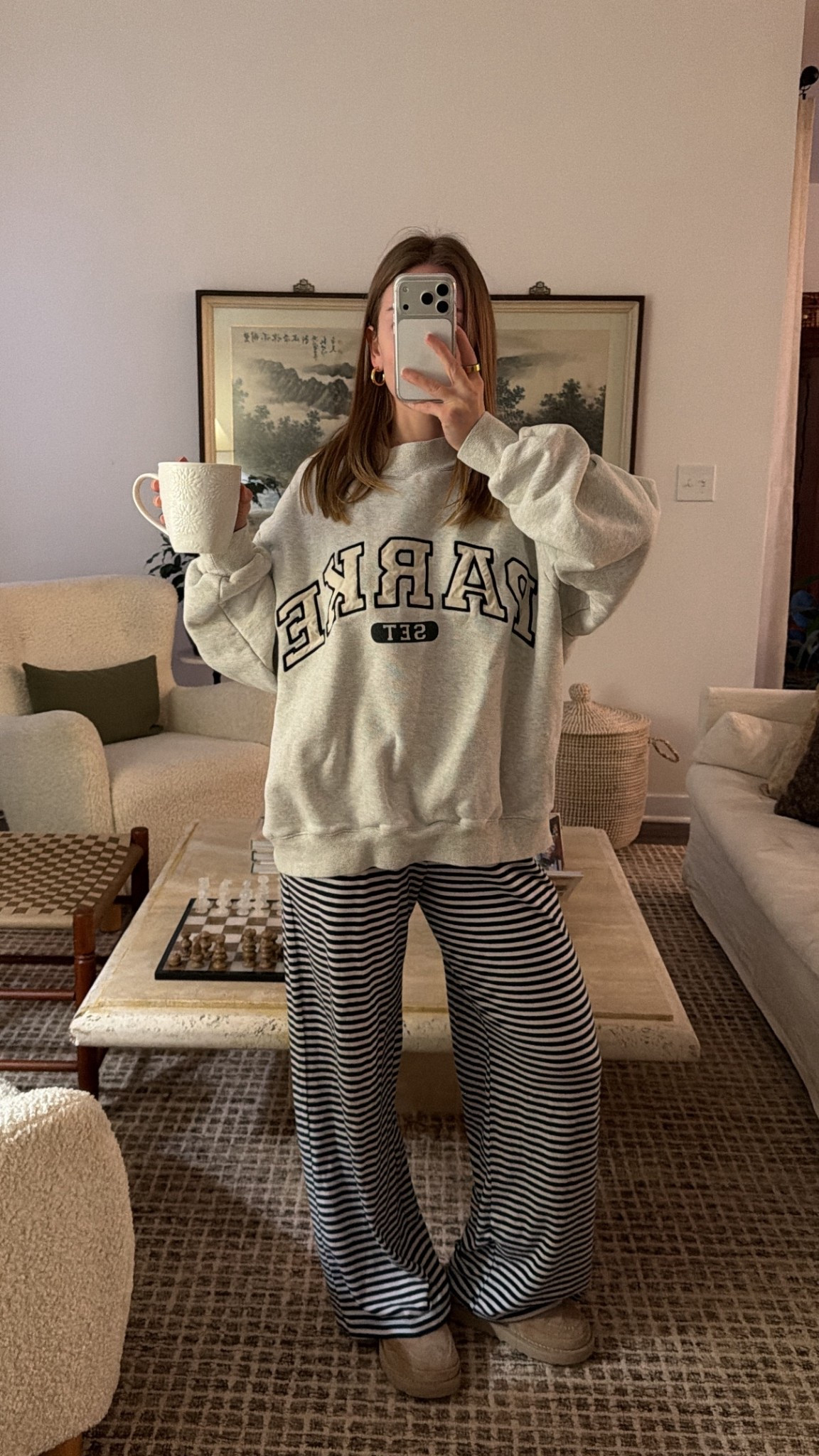 1/31/26 Casual, comfy morning outfit I’ve been living in lately. Linking my @abercrombie  navy stripe pants and the PARKE x SET mockneck sweatshirt — easy, cozy, and perfect for slow mornings or getting things done at home.

#LTKmorningroutine #LTKootd