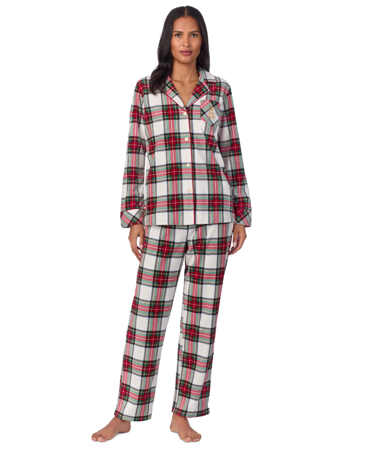 Lauren Ralph Lauren Women's Printed Notched-Collar Pajama Set - Cream Plaid | Macy's