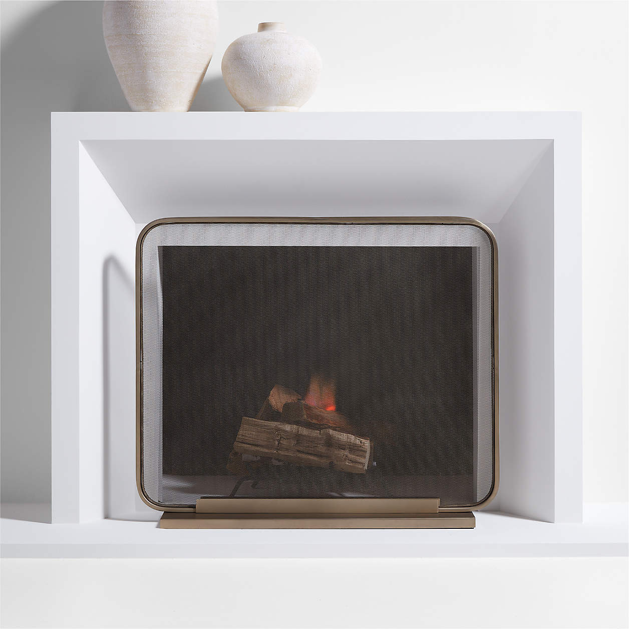 Telum Mesh Brass Fireplace Screen + Reviews | Crate & Barrel | Crate & Barrel